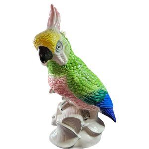 SOLD - Napco Vintage Hand Painted Ceramic Colorful Perched Cockatoo Figurine